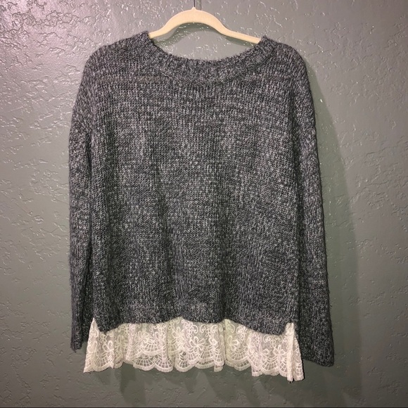 Gray knit lace hem sweater - Picture 2 of 8